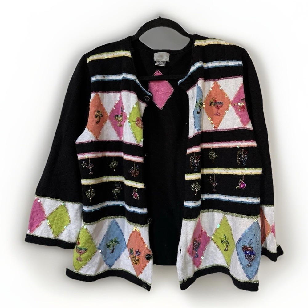 Vtg Berek Margarita Cocktail Cardigan Sweater Black White Party Beaded Sz L READ